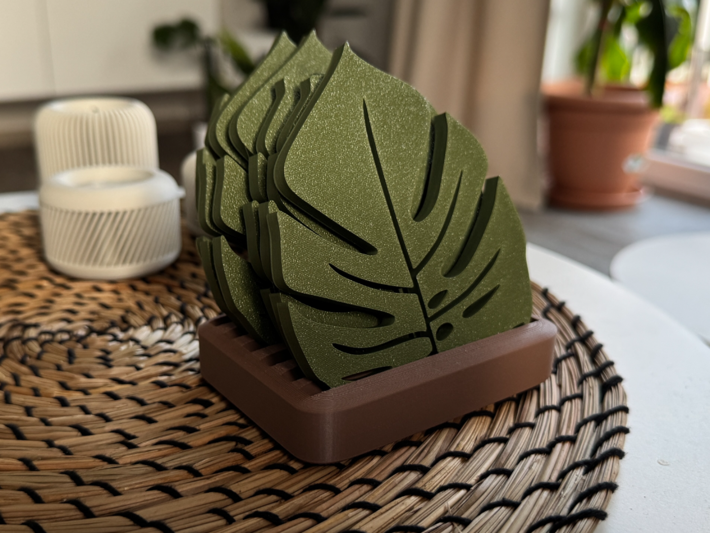 Monstera Leaf Coaster Set with Holder – Tropical Table Decor
