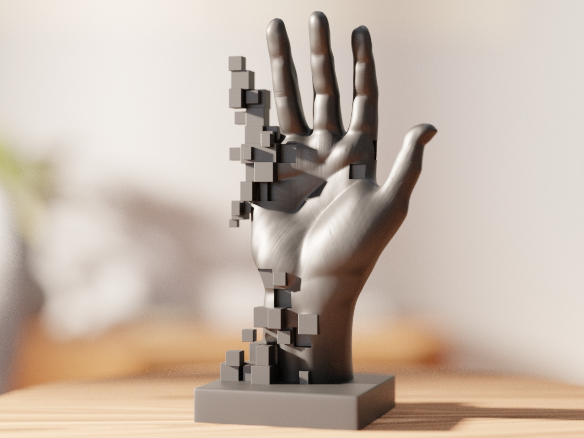 Pixelated Hand Sculpture – Contemporary Glitch Art Decor